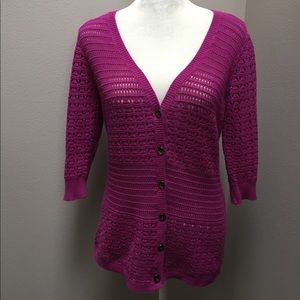 DKNY Jeans Open Weave Knit Cardigan Sweater 3/4 Sleeve V Neck Pink Size Medium